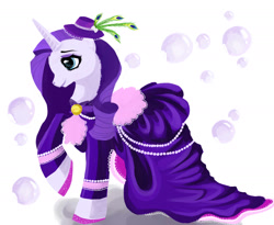 Size: 2393x1961 | Tagged: dead source, safe, artist:schwarz-one, rarity, pony, unicorn, abstract background, clothes, dress, female, hat, mare, peacock feathers, raised hoof, smiling, solo