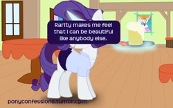 Size: 900x563 | Tagged: safe, rarity, pony, unicorn, female, horn, mare, meta, pony confession, solo, text