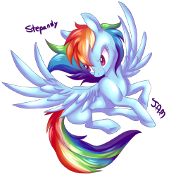 Size: 2500x2500 | Tagged: safe, artist:ihasjessie-kat, artist:stepandy, derpibooru import, edit, rainbow dash, pegasus, pony, collaboration, female, flying, looking back, mare, multicolored hair, simple background, smiling, solo, spread wings, transparent background, wings