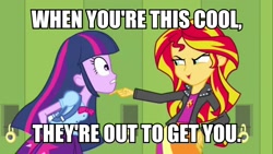 Size: 1366x768 | Tagged: safe, screencap, sunset shimmer, twilight sparkle, equestria girls, happy days, image macro, meme