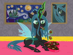 Size: 900x675 | Tagged: safe, artist:flourret, queen chrysalis, changeling, changeling queen, box of chocolates, chocolate, crown, cute, cutealis, eating, female, fine art parody, food, glowing horn, indoors, jewelry, lidded eyes, magic, open mouth, painting, prone, regalia, rug, signature, smiling, solo, starry night, telekinesis, vincent van gogh