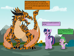 Size: 1024x777 | Tagged: safe, artist:blood-asp0123, derpibooru import, spike, twilight sparkle, unicorn twilight, dragon, pony, unicorn, crossover, female, male, mare, skyrim, speech bubble, the elder scrolls, trio, wyvern