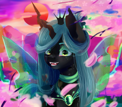 Size: 1955x1709 | Tagged: safe, artist:antropix, queen chrysalis, changeling, changeling queen, cherry blossoms, female, petals, solo