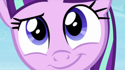 Size: 1280x720 | Tagged: safe, screencap, starlight glimmer, pony, unicorn, the cutie re-mark, close-up, cute, dreamworks face, female, glimmerbetes, glimmerposting, looking at you, raised eyebrow, s5 starlight, smiling, solo, when she smiles