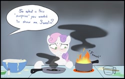 Size: 903x569 | Tagged: dead source, safe, artist:dreigun, rarity, sweetie belle, pony, unicorn, blushing, bread, breakfast, breakfast is ruined, cooking, food, lethal chef, sweetie belle can't cook, sweetie fail, toast