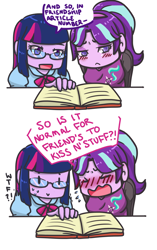 Size: 940x1500 | Tagged: safe, artist:maxgabbymeow, starlight glimmer, twilight sparkle, twilight sparkle (alicorn), alicorn, equestria girls, blushing, book, equestria girls-ified, female, glasses, lesbian, shipping, sweat, twistarlight