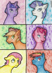 Size: 1024x1439 | Tagged: safe, artist:aroselovell, derpibooru import, applejack, fluttershy, pinkie pie, rainbow dash, rarity, twilight sparkle, earth pony, pegasus, pony, unicorn, mane six, traditional art