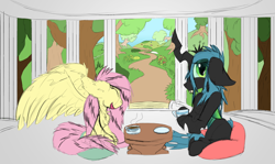 Size: 1600x955 | Tagged: safe, artist:firefanatic, fluttershy, queen chrysalis, changeling, changeling queen, pegasus, pony, cup, duo, female, fluffy, food, gazebo, rough sketch, tea, teacup