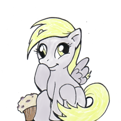 Size: 500x500 | Tagged: artist needed, safe, derpy hooves, pegasus, pony, :t, cute, daaaaaaaaaaaw, female, giggling, mare, muffin, sitting, smiling, solo