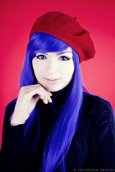 Size: 682x1024 | Tagged: source needed, safe, artist:hitsachka, rarity, human, beatnik rarity, beret, clothes, cosplay, hat, irl, irl human, photo, solo