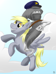 Size: 900x1200 | Tagged: safe, artist:pandachu, derpy hooves, pegasus, pony, crossover, female, flying, hat, homestuck, letter, lip bite, mail, mailbag, mailmare hat, mare, peregrine mendicant, riding, sky