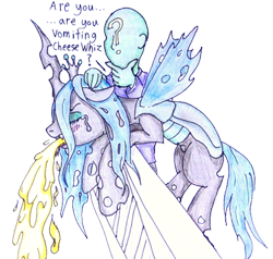 Size: 500x475 | Tagged: source needed, safe, artist:anonpencil, queen chrysalis, oc, oc:anon, human, anonymous, cheese whiz, dialogue, vomiting