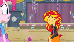 Size: 1366x768 | Tagged: safe, screencap, pinkie pie, sunset shimmer, equestria girls, equestria girls (movie), balloon, camera, eyes closed, frown, gymnasium, streamers, sunset shimmer is not amused