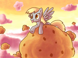 Size: 1024x768 | Tagged: safe, artist:gachucho, derpy hooves, pegasus, pony, cloud, cloudy, female, giant muffin, mare, muffin