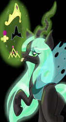 Size: 1000x1833 | Tagged: safe, artist:theroyalprincesses, queen chrysalis, changeling, changeling queen, accessory theft, bugbutt, butt, crown, implied princess cadance, implied princess celestia, implied princess luna, implied twilight sparkle, looking at you, looking back, magic, plot, solo, tongue out
