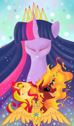 Size: 3380x5707 | Tagged: safe, artist:dragonfoxgirl, flash sentry, sunset satan, sunset shimmer, twilight sparkle, twilight sparkle (alicorn), alicorn, pegasus, pony, unicorn, armor, female, mare, new crown