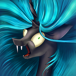 Size: 945x945 | Tagged: safe, artist:flamevulture17, queen chrysalis, changeling, changeling queen, broken tooth, crazy face, derp, faic, i didn't listen, laughing, meme, shrunken pupils, solo