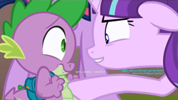 Size: 1544x867 | Tagged: safe, edit, edited screencap, screencap, spike, starlight glimmer, twilight sparkle, twilight sparkle (alicorn), alicorn, dragon, pony, the cutie re-mark, awkward, backpack, bedroom eyes, comic, evil, evil grin, female, flirting, love, male, mare, nervous, personal space invasion, revenge, screencap comic, shipping, smiling, sparlight, straight, this will end in kisses, when she smiles