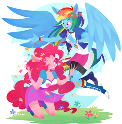 Size: 1000x1019 | Tagged: safe, artist:qpqp, derpibooru import, pinkie pie, rainbow dash, equestria girls, eared humanization, floral head wreath, flower, flying, humanized, pixiv, ponied up, pony coloring, tailed humanization, winged humanization