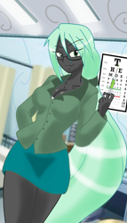 Size: 1000x1750 | Tagged: safe, artist:theroyalprincesses, queen chrysalis, changeling, changeling queen, equestria girls, :3, equestria girls-ified, eye chart, insult, nurse, office, solo, syringe, when you see it