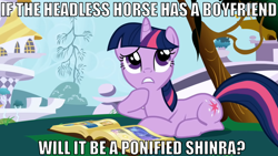 Size: 1280x720 | Tagged: safe, derpibooru import, twilight sparkle, headless horse, image macro, implied the headless horse, thinking