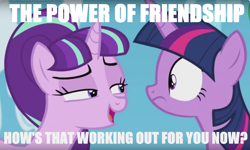 Size: 1322x792 | Tagged: safe, edit, screencap, starlight glimmer, twilight sparkle, twilight sparkle (alicorn), alicorn, pony, the cutie re-mark, female, mare, meme, starlight's secret, teasing, text edit