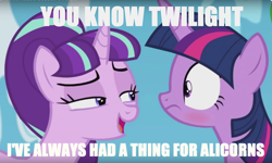 Size: 1322x792 | Tagged: safe, edit, edited screencap, screencap, starlight glimmer, twilight sparkle, twilight sparkle (alicorn), alicorn, pony, the cutie re-mark, female, fetish, image macro, lesbian, mare, meme, shipping, starlight's secret, text edit, twistarlight