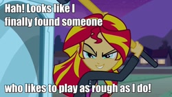 Size: 1920x1080 | Tagged: safe, edit, edited screencap, screencap, sunset shimmer, equestria girls, 80s, caption, image macro, insanity, meme, quote, sledgehammer, solo, streets of fire, willem dafoe