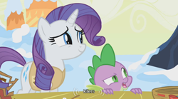 Size: 500x277 | Tagged: safe, screencap, rarity, spike, dragon, pony, unicorn, winter wrap up, youtube caption