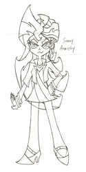 Size: 750x1500 | Tagged: safe, artist:supra80, sunset shimmer, human, anarchy panty, fusion, humanized, looking at you, monochrome, panty and stocking with garterbelt, solo, style emulation, traditional art