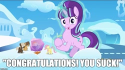 Size: 888x499 | Tagged: safe, starlight glimmer, pony, unicorn, the cutie re-mark, clapping, image macro, meme, mocking, sarcasm, starlight says bravo