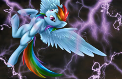 Size: 5100x3300 | Tagged: safe, artist:spiritofthwwolf, derpibooru import, rainbow dash, pegasus, pony, absurd resolution, female, flying, lightning, mare, open mouth, solo