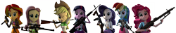 Size: 6400x1200 | Tagged: safe, artist:facelesssoles, derpibooru import, applejack, fluttershy, pinkie pie, rainbow dash, rarity, sunset shimmer, equestria girls, 3d, absurd resolution, assault rifle, belt, clothes, cowboy hat, freckles, gun, h&k psg-1, handgun, hat, jacket, leather jacket, lever action rifle, m4a1, mac-11, machine gun, machine pistol, mg 42, one eye closed, rifle, simple background, skirt, sniper rifle, stetson, submachinegun, tommy gun, transparent background, vss vintorez, weapon, wink