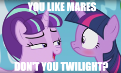 Size: 1322x792 | Tagged: safe, edit, edited screencap, screencap, starlight glimmer, twilight sparkle, twilight sparkle (alicorn), alicorn, pony, the cutie re-mark, blushing, female, image macro, implied lesbian, just one bite, mare, meme, spongebob squarepants, starlight's secret, teasing, text edit