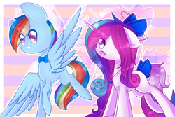 Size: 1024x683 | Tagged: safe, artist:twily-star, derpibooru import, rainbow dash, oc, oc:magical melody, pegasus, pony, unicorn, bow, bowtie, female, hair bow, mare, tail bow, watermark