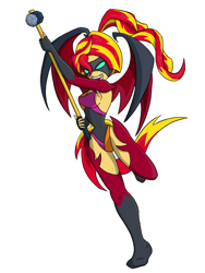 Size: 900x1200 | Tagged: safe, artist:wryte, sunset shimmer, equestria girls, alternate hairstyle, bat wings, clothes, costume, cute little fangs, leotard, mask, ponytail, request, sledgehammer, solo, superhero, tailed humanization, winged humanization