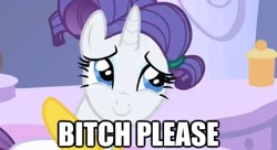 Size: 623x340 | Tagged: safe, rarity, pony, unicorn, bitch please, caption, swearing, vulgar