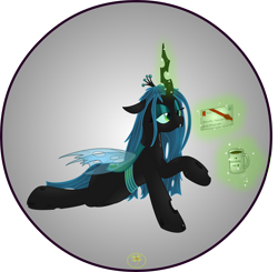 Size: 5000x4899 | Tagged: safe, artist:lakword, queen chrysalis, changeling, changeling queen, absurd resolution, coffee, coffee mug, letter, lying down, magic, mug, simple background, smiling, solo, transparent background