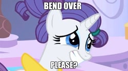 Size: 623x349 | Tagged: safe, rarity, pony, unicorn, bend over, caption, female, horn, mare, white coat