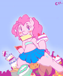 Size: 1750x2100 | Tagged: safe, artist:cold-blooded-twilight, pinkie pie, earth pony, pony, bandeau, blushing, cake, clothes, eating, food, kinkie pie, midriff, pie, pile, skirt, solo