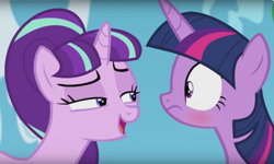 Size: 1322x792 | Tagged: safe, edit, screencap, starlight glimmer, twilight sparkle, twilight sparkle (alicorn), alicorn, pony, the cutie re-mark, blushing, exploitable, female, mare, starlight's secret