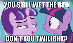 Size: 1322x792 | Tagged: safe, edit, edited screencap, screencap, starlight glimmer, twilight sparkle, twilight sparkle (alicorn), alicorn, pony, the cutie re-mark, blushing, female, image macro, implied bedwetting, mare, meme, starlight's secret, text edit