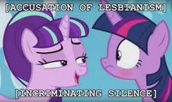 Size: 838x500 | Tagged: safe, edit, edited screencap, screencap, starlight glimmer, twilight sparkle, twilight sparkle (alicorn), alicorn, pony, the cutie re-mark, blushing, female, image macro, implied lesbian, mare, meme, starlight's secret, teasing, text edit