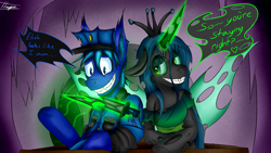 Size: 1920x1080 | Tagged: safe, artist:sternguardharper, queen chrysalis, oc, anthro, changeling, changeling queen, canon x oc, female, knife, male, police, shipping, straight