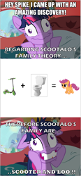 Size: 752x1615 | Tagged: safe, derpibooru import, scootaloo, twilight sparkle, image macro, insane troll logic, loo, meta, scooter