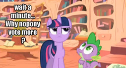 Size: 633x344 | Tagged: safe, derpibooru import, score, spike, twilight sparkle, dragon, check, derpibooru, eyes, fourth wall, image macro