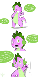 Size: 960x1920 | Tagged: safe, artist:cold-blooded-twilight, spike, dragon, blushing, bracelet, comic, cute, eyes closed, grin, jewelry, looking at you, open mouth, peace sign, simple background, smiling, solo, speech bubble, white background