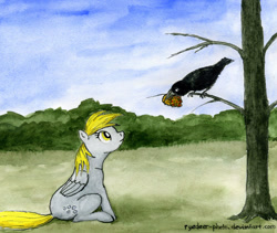 Size: 640x540 | Tagged: safe, artist:el-yeguero, derpy hooves, bird, crow, pegasus, pony, eye contact, eyes on the prize, female, frown, looking at each other, looking up, mare, mouth hold, sitting, solo, traditional art, tree