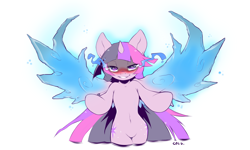 Size: 2000x1200 | Tagged: safe, artist:cold-blooded-twilight, twilight sparkle, twilight sparkle (alicorn), alicorn, pony, semi-anthro, banner, bedroom eyes, belly button, blushing, cold blooded twilight, solo, spread wings, tumblr