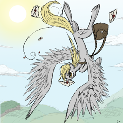 Size: 1000x1000 | Tagged: safe, artist:php15, derpy hooves, pegasus, pony, cloud, female, flying, large wings, letter, mail, mailbag, mailmare, mare, mouth hold, sky, solo, sun, wings
